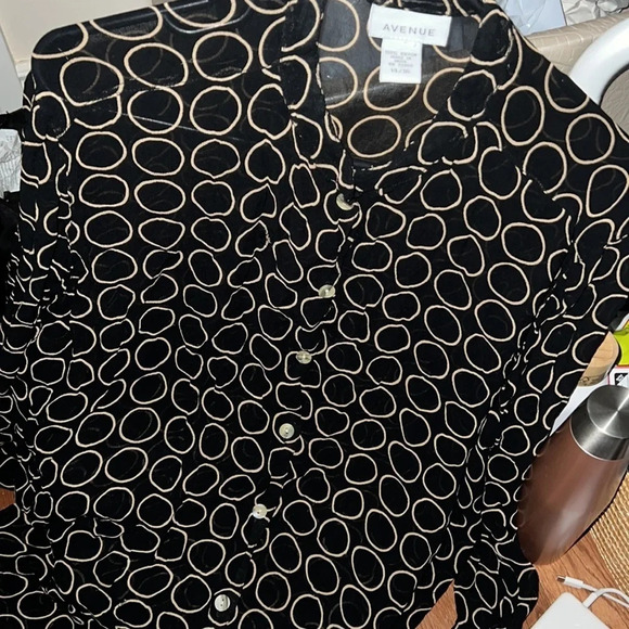 Avenue Large circle Polka Dot Chiffon black beige long sleeve Blouse Sz 14/16 - Picture 10 of 11